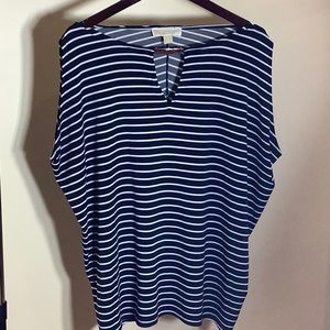 MICHAEL KORS blue/white striped Lyra sleeveless top w/silver insignia bar; EUC